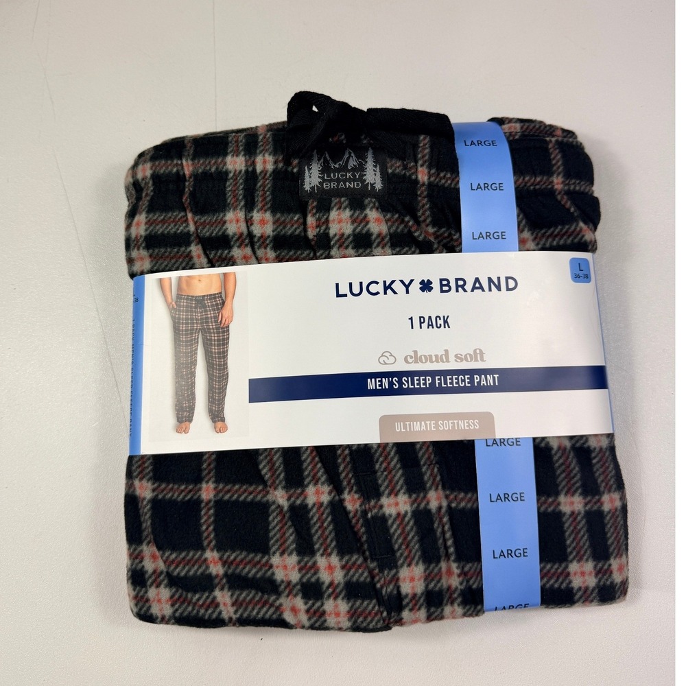 Lucky Brand Sleep Fleece Pant Mens L Black Red Plaid Cloud Soft New